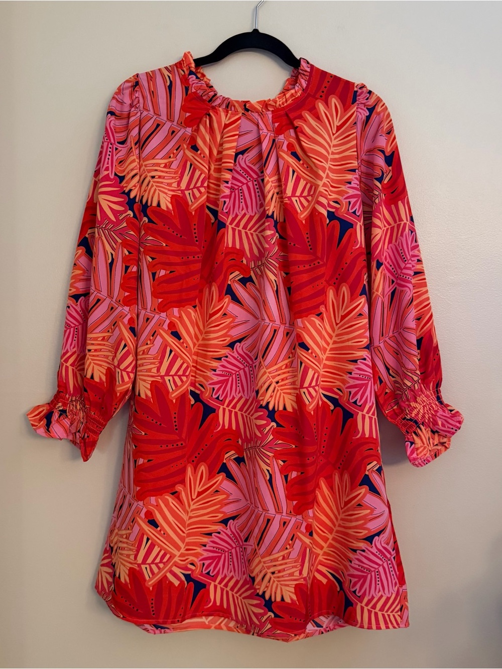 Michelle McDowell Tropical Palm Print Ruffle Shift Dress Pink Orange Medium - Picture 2 of 10